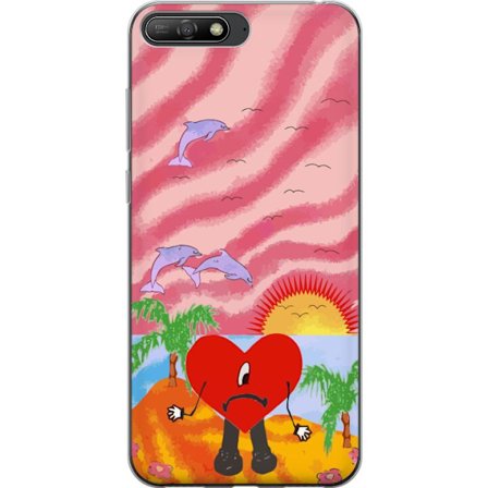 Kompatibel Mobilcover til Huawei Y6 (2018) Bad Bunny i en farverig quiltet jakke med hjertemønster og solbriller i moderne gade stil