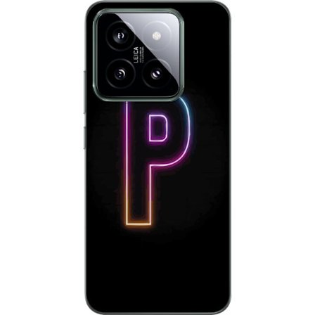 Kompatibel Mobilcover til Xiaomi Xiaomi 14 Minimalistisk neonbogstav P i farvegradient og lyseffekt mod sort baggrund i digital neonstil