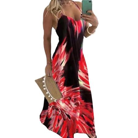 Oversized Damer Flame Print Long Dress Robe Sexig Spaghetti Stra