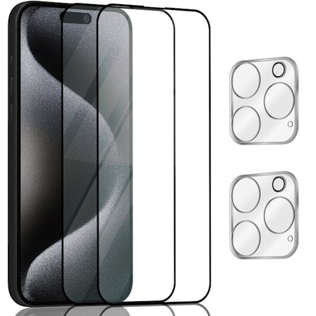 2-Pack Iphone 15 Pro Max Skärmskydd & 2-Pack linsskydd - Härdat Glas 9H - Super kvalitet 3D