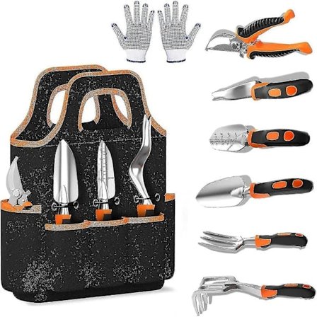 Haveværktøjssæt, 8 dele rustfrit stål, kraftigt haveværktøj med skridsikre gummigreb, opbevaringstaske, udendørs håndværktøj, beskæresaks S