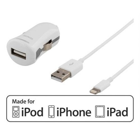 DELTACO Billader med lightning-kabel, 1A, MFi, 12-24V, 1m, hvid