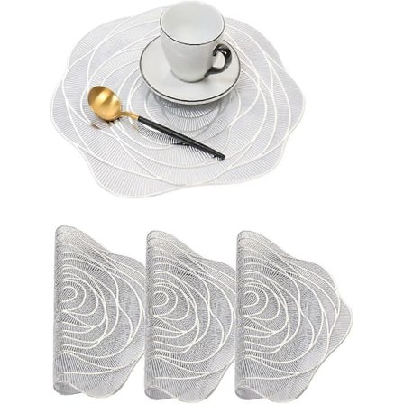 Sæt med 4 dækkeservietter, vaskbare, skridsikre, varmebestandige PVC-roser, sølv
