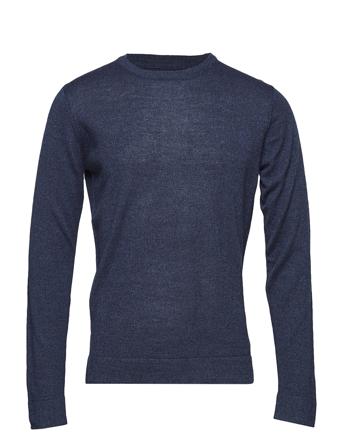 Merino Knit O-Neck Strikkegenser M. Rund Krage Blå Lindbergh