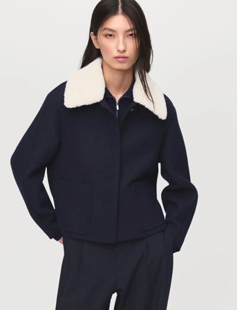 Mango Wool-Blend Jacket With Shearling-Blend Collar - Navy - M