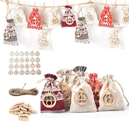 Adventskalender til å fylle, 24 tøyposer til å fylle selv, julekalender til å dekorere selv