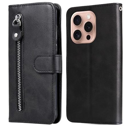 iPhone 16 Pro Case vetoketjullinen tasku lompakko iskunkestävä Vegaaninahkainen puhelinkansi - Musta