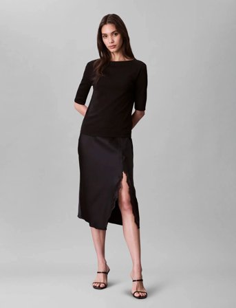 Calvin Klein Matte Shine Satin Lace Trim Midi - Black - L