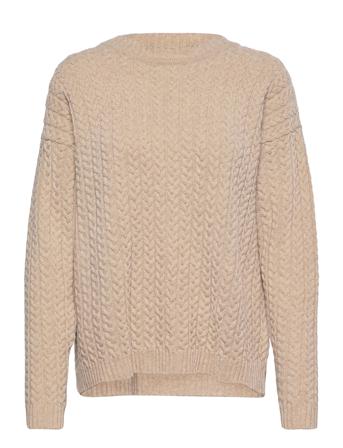 O-Neck Pullover Cable Knit Solid Pullover Beige Papu
