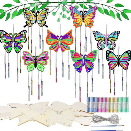 8-osainen perhos-tuulikellon askartelusetti DIY askartelusetti puinen tuulikello lasten perhosaskartelu (FMY)