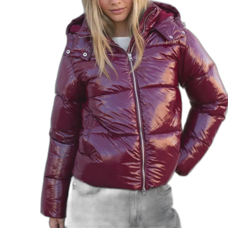 Vinröd glansig pufferjacka med huva