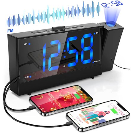Takprojektionsväckarklocka, digital radioväckarklocka med 180° projektion, FM-radio, två USB-portar, snooze-larm, 12/24H, 4 projektion