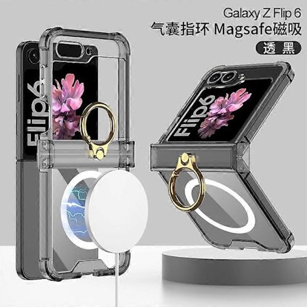 Magsafe Gennemsigtigt Anti-Fald Stødsikkert Cover til Samsung Galaxy Z Flip 6 med Hængselbeskyttelse og Ringstativ 2024