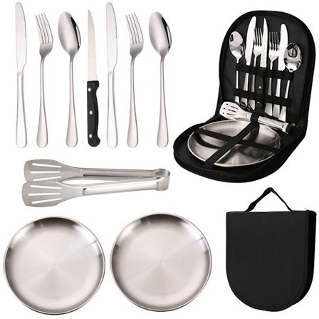 Campingsæt med bestik, Bærbart picnicservice, Rustfrit stål med ske, gaffel, kniv, tallerken, klemme til udendørs brug, rejser, vandreture, 2 personer