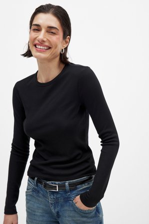 NA-KD Basic Haut côtelé encolure ronde à manches longues - Top basique - Noir - M (EU 38-40)