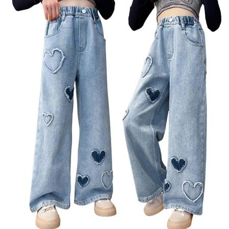 Flickor Vida Ben Jeans med Elastisk Midja Hjärtmönster Tryckta Jeans För Semestervardagskläder Skola Blue 140