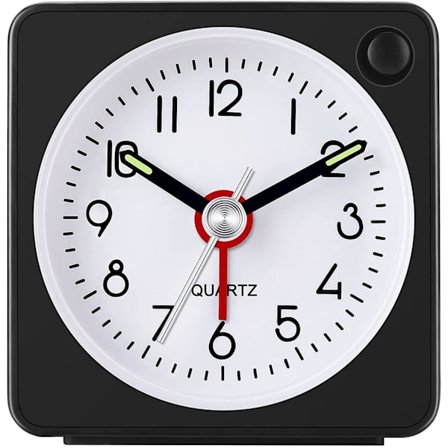 Travel Analog Alarm Clock, 2.25 Inch, Ultra Small Clock With Snooze And Light Function, Super Silent Non Ticking, Battery Operated, (black)