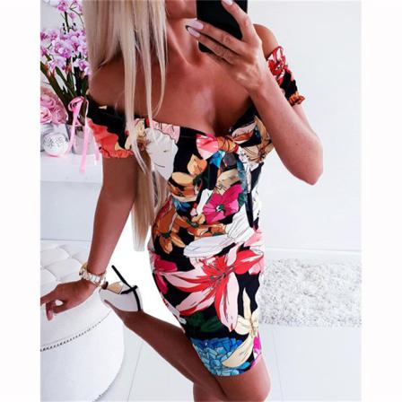 Print Sexig Mini Bodycon Klänning Dam Kortärmad Sommar Pa