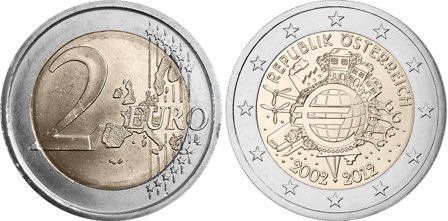 Østrig 2012 - 10 år for eurosedler og mønter - 2 euro mønt
