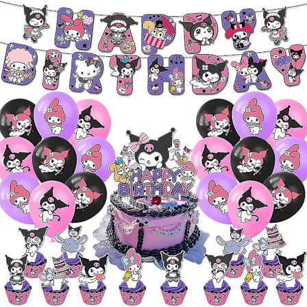 My Melody Kuromi Tegneserie Tema Børn Piger Festartikler Sæt Balloner Tillykke Med Fødselsdagen Banner Kage Toppers Dekorationssæt