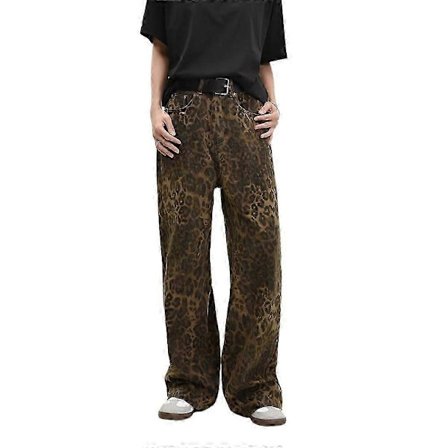 Vintage Dam Leopardtryck Jeans Byxor Streetwear Jeans Raka Ben Denim Lösa Byxor