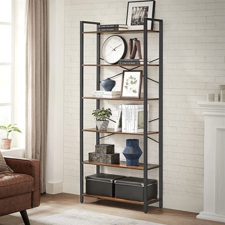 Teollisuustyylinen kirjahylly, 6 hyllyä – Rustiikkinen ruskea/musta