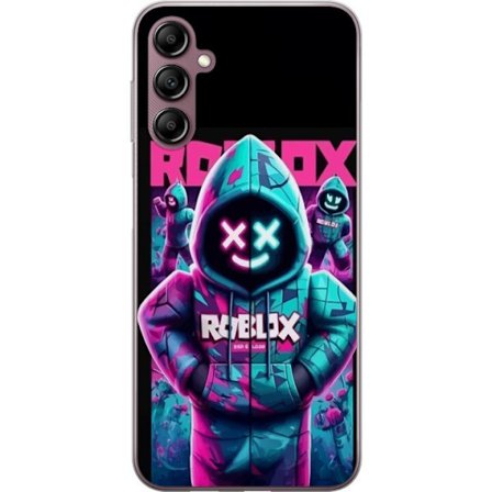 Yhteensopiva Puhelinkuori Samsung Galaxy A14 5G Roblox Hoodie Legend Mystinen Roblox-figuuri sinisessä hupparissa, jossa futuristisia neonvaloja