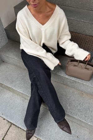 Premium Selection Pull oversize en maille de laine à col en V - Qualité premium - OffBlanc - XS (EU 32)