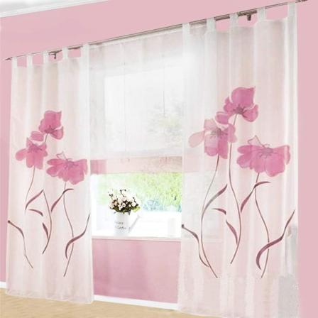 Tørklædegardin 2-delt gardin Blomsterprint gardin til stue soveværelse Tørklædespænde (bred 150 cm Højde 175 cm, Pink),