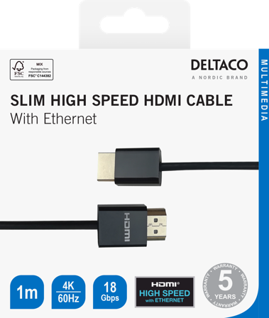 Deltaco Ultra-thin HDMI cable, 4K UHD, 1m, black