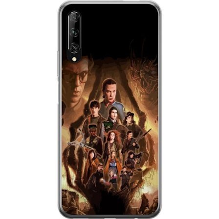 Kompatibel Mobilcover til Huawei P smart Pro 2019 Gruppebillede af heltene i Stranger Things med et mørkt fantasiemiljø og en truende skabning i bag