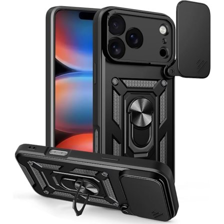 Etui til Phone 17 Pro Max med kameradeksel, militærgrad Sh0ckproof beskyttelsesdeksel med roterende støtte og magnetisk bilfeste