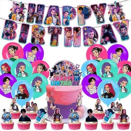 K-pop Demon Hunters Fødselsdagsfest Dekorationer Sæt - Banner, Kagedekoration, Balloner til Børn Tema