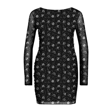 Nightmare Before Christmas Dam/Kvinnor Skalle Mesh All-Over Print Bodycon Klänning L Svart