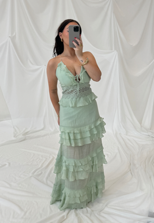 Bubbleroom Occasion Crochet Waist Flounce Maxi Dress Light green 44
