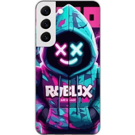 Kompatibel Mobilcover til Samsung Galaxy S22 5G Roblox neon hættegenser close-up med intensiv close-up af kostume karakter i pink og blå neon lys, der
