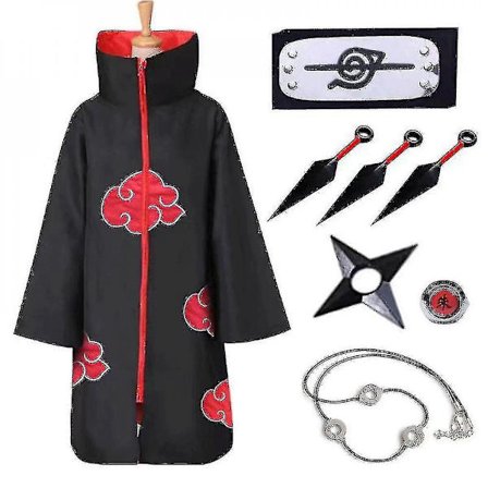 Naruto Akatsuki Cloak Anime Cosplay Kostym Kit Itachi Robe Halloween Cosplay Long Cape 8 delar et 8 Pieces et