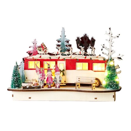 Glødende julebussornamenter i tre, juletrepynt til skrivebord med lys, hjemmefestivalatmosfære, lysdekorasjon