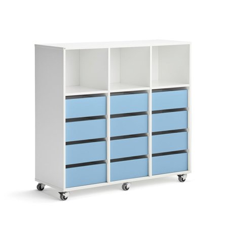 Elevkommode CASPER, 12 skuffer, 3 topprom, hvit, himmelblå