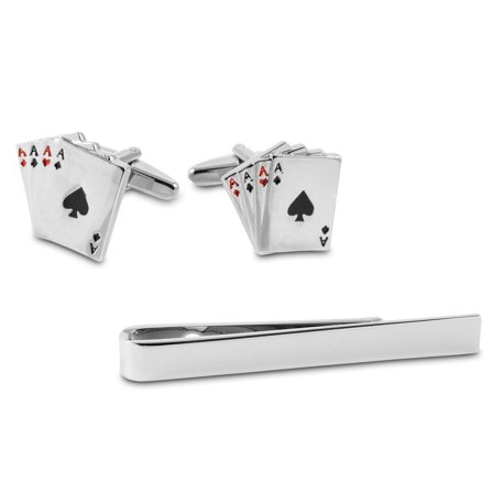 Set met Zilverkleurige Poker Dasspeld en Manchetknopen voor mannen - Dasspeld- & Manchetknopen Sets