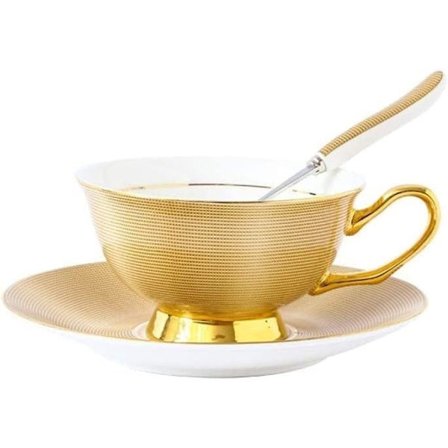 Keraaminen kahvikuppi, keraaminen teekuppi, muodikkaan englantilaistyylinen lyhyt iltapäiväteekahvikuppi ja alussetti, luuposliinia, herkkä kultainen 