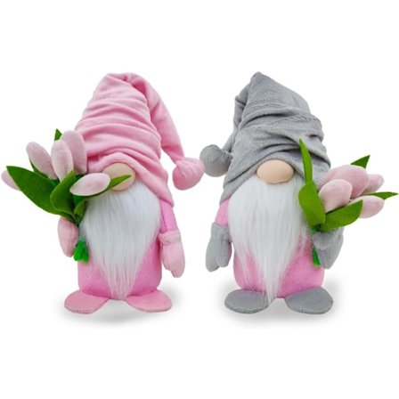 2 st Mors Dag Dekorationer, Plysch Tomte Ansiktslös Docka med Vår Tulpanbukett Handgjord Svensk Dvärgalv Bordsdekorationer Gåva till Hennes Kvinnor 