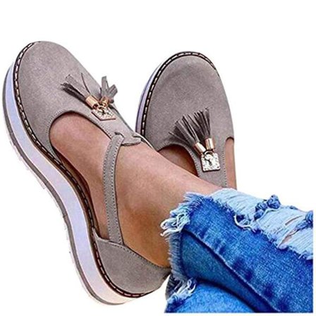 {xjxj}(Grå US 5) Damlädersandaler med tofsar, stängd tå, platåsandaler, justerbart ankelband med spänne, halkfria och bekväma