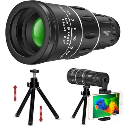 Monokulärt Teleskop, 16X52 HD Monokulär med Hållare & Stativ för Smartphone, Klar BAK4 Prisma Lins Dubbel Fokus Optik för Vandring, Jakt, Camping, 
