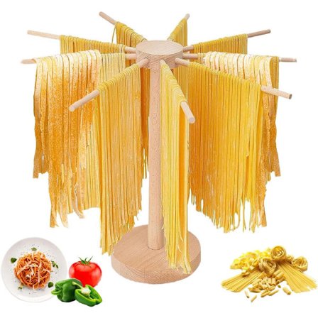 Miljøvenligt Pasta Tørrestativ i Træ, Sammenklappeligt med 9 Arme til Frisk Pasta, Stabilt, Let at Opbevare, Hurtig Opsætning