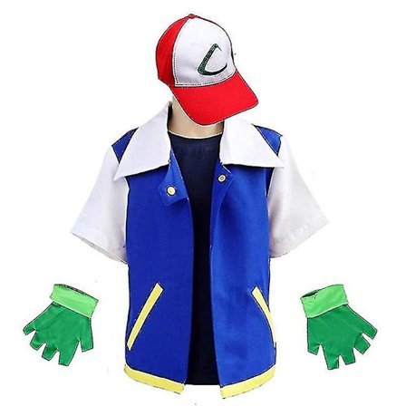 Ash Ketchum Costumes Kit Adult Boys Girls Ash Ketchum Halloween Cosplay Clothing Top Trainer Cap And Gloves Set -a