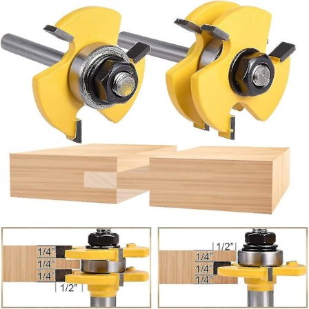 T-formet notspor og fjær fresesett for trebearbeiding (2 stk/sett, skaftdiameter: 6,35 mm)