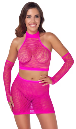 3-piece Net Set Pink - Vuxen.se - Sexig klänning i spets & glansigt material