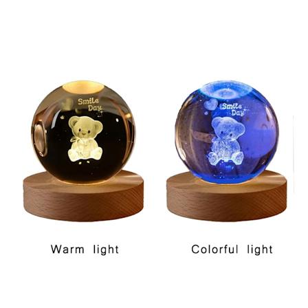 6cm 3D Krystal Kugle Farverig Lys Varmt Lys Planet Natlampe Lasergravering Solsystem Jorden Galakse Tegneserie Mønster Gave Warm light Bear