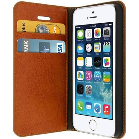 iPhone 5/5S/SE-fodral - Brun - Äkta läder - Hård skal - Stödfunktion - Kortfack